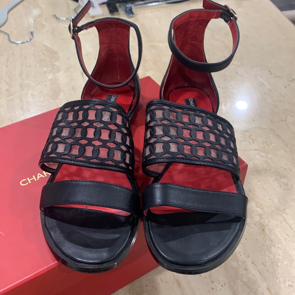 Charles Jourdan Black Leather and Mesh Sandal Size 36.5